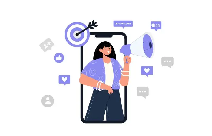 Woman Announcing on Instagram with Megaphone Flat Style Illustration